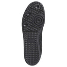 Close-up of JR2059 Black Black Samba ADV Adidas Skateboarding Leather Suede Shoes, highlighting the black rubber sole with textured triangles, circular grip patterns, and an embossed adidas logo at the center.