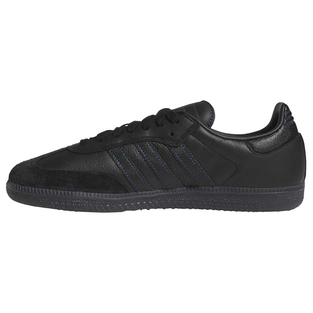 The JR2059 Black Black Samba ADV Adidas Skateboarding Shoes feature a low profile, three stitched stripes, a textured sole, a mix of leather and suede materials, and a molded sockliner for comfort.