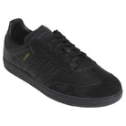 The JR2059 Black Black Samba ADV Adidas Skateboarding Leather Suede Shoes feature a molded sockliner, black laces and sole, subtle blue stitching, gold SAMBA lettering, and the signature three stripes on the side.