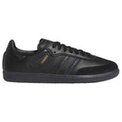 The JR2059 Black Black Samba ADV Adidas Skateboarding shoes feature a black leather and suede upper, three black stripes, gold SAMBA branding, a molded sockliner, and a black sole, shown in a side profile.