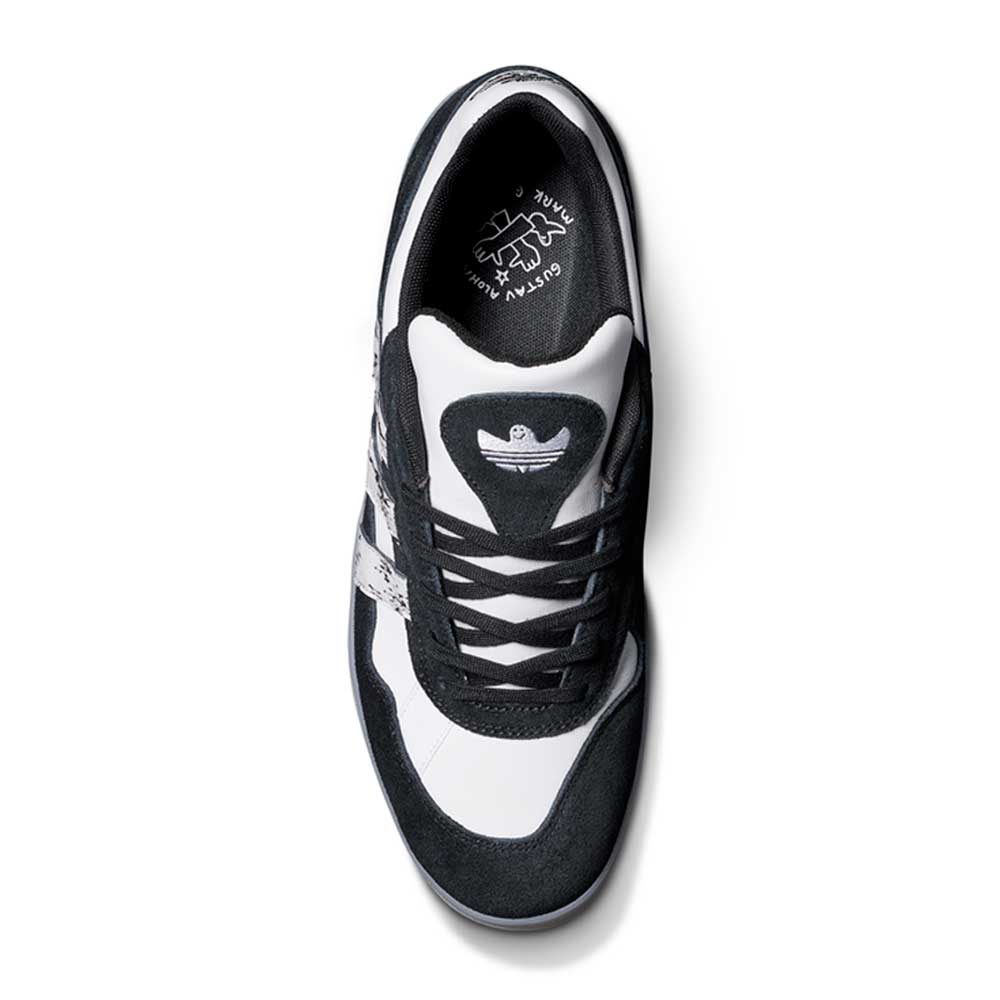 Top view of the JR7101 Gustav Tonnesen Black White Aloha Super Suede Leather Skateboarding Shoes, featuring black laces in a crisscross pattern and Adidas logos on the tongue and insole.