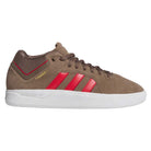 The JR9499 Earth Color Tyshawn Adidas Skateboarding Suede Shoes feature a brown suede upper, red stripes, brown laces, a white cupsole, and “TYSHAWN” gold print near the heel. Shown side view on a white background.