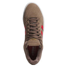Top view of the JR9499 Earth Color Tyshawn Adidas Skateboarding suede shoes, featuring brown uppers, red stripes, brown laces, a white cupsole, and visible Adidas logos on the tongue and interior.