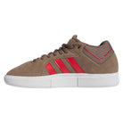 The JR9499 Earth Color Tyshawn Adidas Skateboarding suede shoes feature red stripes, perforated details, brown laces, and a durable cupsole with a white rubber sole.