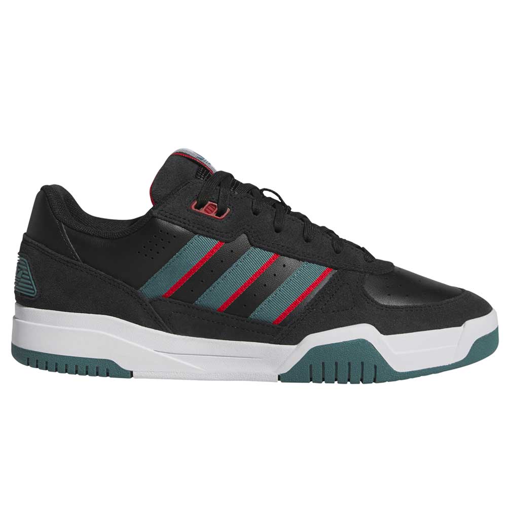 The JS4307 Core Black Preloved Teal Better Scarlet Tekkira Suede Leather Adidas Skateboarding Shoes feature teal and red stripes, teal sole accents, a white midsole, cupsole comfort, laces, LIGHTMOTION cushioning, and toe perforations.