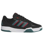 The JS4307 Core Black Preloved Teal Better Scarlet Tekkira Suede Leather Adidas Skateboarding Shoes feature teal and red stripes, teal sole accents, a white midsole, cupsole comfort, laces, LIGHTMOTION cushioning, and toe perforations.