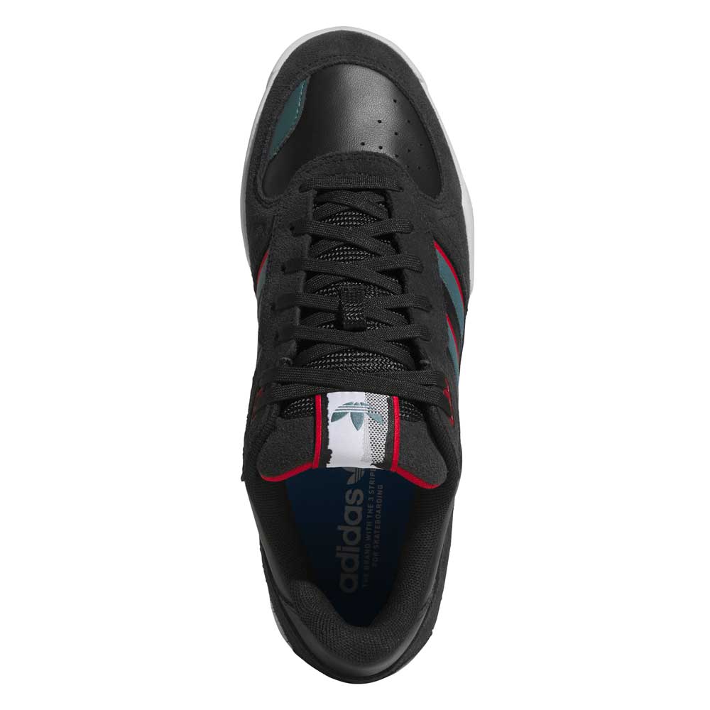 Top view of the JS4307 Adidas Skateboarding Shoe in core black with better scarlet and preloved teal suede-leather accents, black laces, a white tongue with the Adidas logo, and cupsole comfort in every step.