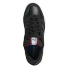 Top view of the JS4307 Adidas Skateboarding Shoe in core black with better scarlet and preloved teal suede-leather accents, black laces, a white tongue with the Adidas logo, and cupsole comfort in every step.