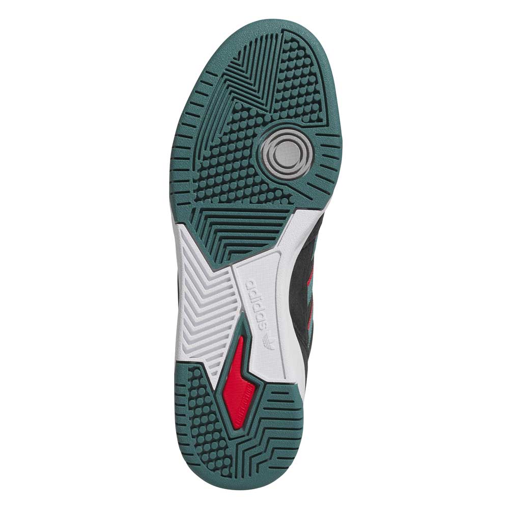 The image shows the sole of the JS4307 Adidas Skateboarding Shoe in Core Black, Preloved Teal, Better Scarlet, and Tekkira, with a geometric tread, central Adidas logo, and circular grip design for cupsole comfort.