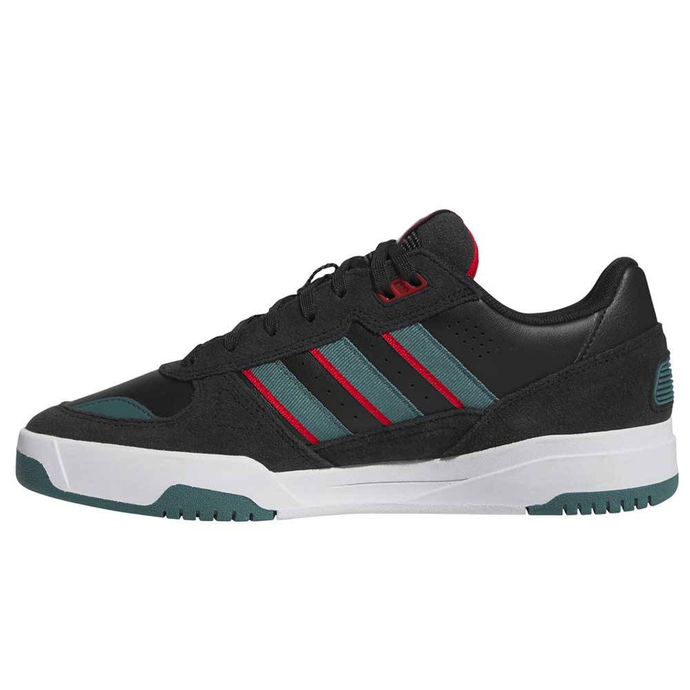 The JS4307 Core Black Preloved Teal Better Scarlet Tekkira Suede Leather Adidas Skateboarding Shoes feature a black low-top design with teal and red stripes, white midsole, teal/black sole accents, LIGHTMOTION cushioning, black laces, and a red logo on the tongue.