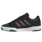 The JS4307 Core Black Preloved Teal Better Scarlet Tekkira Suede Leather Adidas Skateboarding Shoes feature a black low-top design with teal and red stripes, white midsole, teal/black sole accents, LIGHTMOTION cushioning, black laces, and a red logo on the tongue.