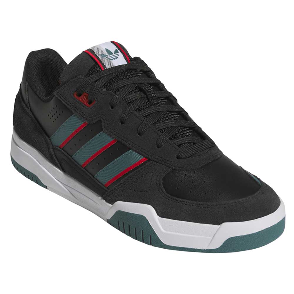 The JS4307 Core Black Preloved Teal Better Scarlet Tekkira Suede Leather Adidas Skateboarding Shoes have teal and red stripes, a white midsole, teal outsole accents, LIGHTMOTION comfort, and Adidas logo on the tongue, shown at a three-quarter angle.