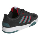The JS4307 Core Black Preloved Teal Better Scarlet Tekkira Suede Leather Adidas Skateboarding Shoes feature teal and red stripes, a white midsole, teal outsole accents, and cupsole comfort—ideal for versatile skateboarding.