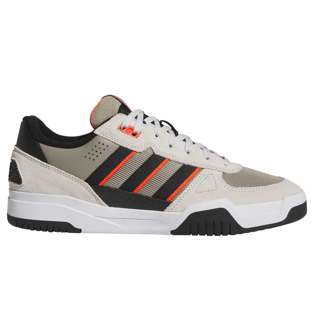 The JS8906 Orbit Grey Core Black Solar Red Tekkira Suede Leather Adidas Skateboarding Shoes are low-tops with orange accents, three black stripes, white laces, a white sole, and LIGHTMOTION for comfort and support.