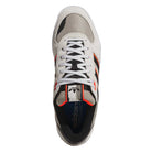 Top view of the JS8906 Orbit Grey/Core Black/Solar Red Tekkira suede leather Adidas skateboarding shoe, with black stripes, white laces, adidas LIGHTMOTION, cupsole comfort, and a navy insole with Adidas logo.