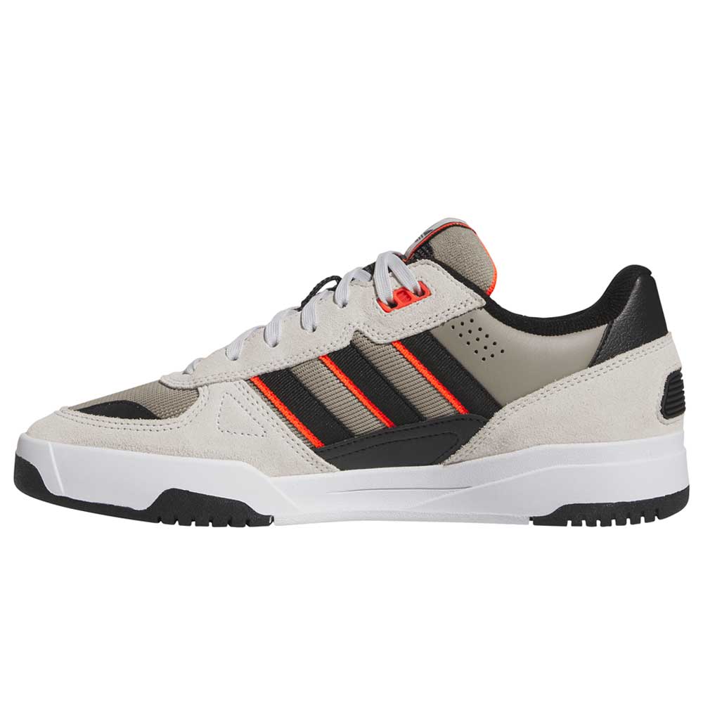 The JS8906 Orbit Grey Core Black Solar Red Tekkira Suede Leather Adidas Skateboarding Shoes feature suede and mesh in beige, black, and red accents, with three black stripes, white laces, cupsole comfort, and adidas LIGHTMOTION tech for sporty style.