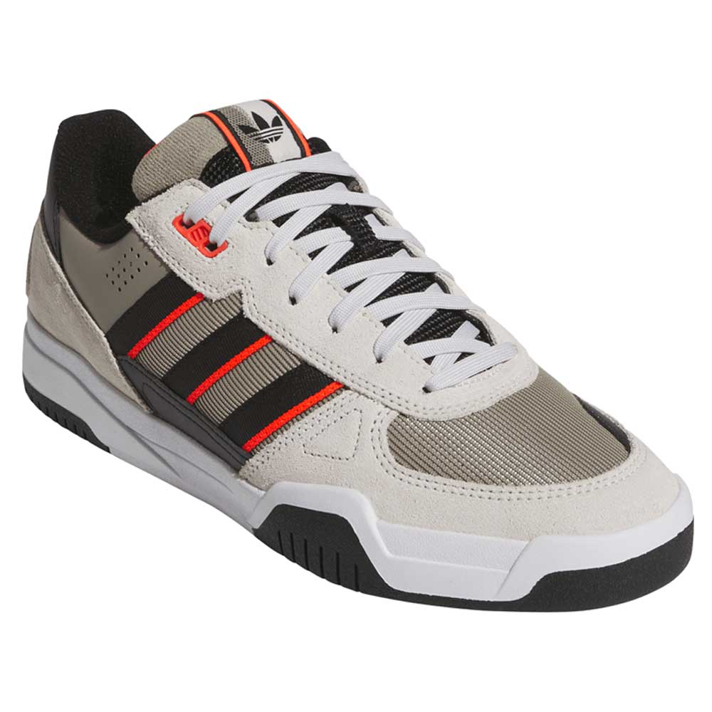 The JS8906 Orbit Grey Core Black Solar Red Tekkira Suede Leather Adidas Skateboarding Shoes feature beige and gray suede with black/red stripes, white laces, black interior padding, a cupsole, white midsole, black outsole, and a black Adidas tongue logo.