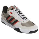 The JS8906 Orbit Grey Core Black Solar Red Tekkira Suede Leather Adidas Skateboarding Shoes feature beige and gray suede with black/red stripes, white laces, black interior padding, a cupsole, white midsole, black outsole, and a black Adidas tongue logo.