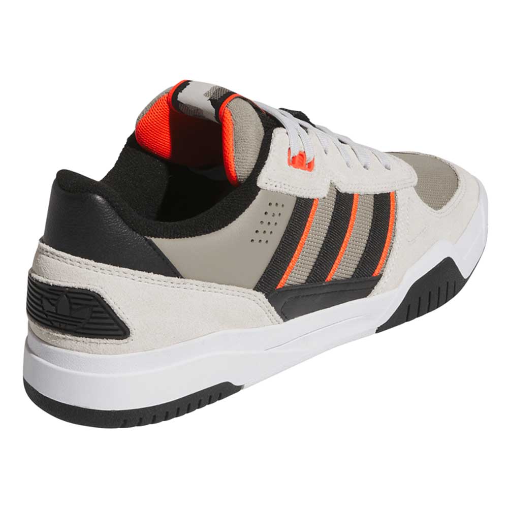 The JS8906 Orbit Grey Core Black Solar Red Tekkira Suede Leather Adidas Skateboarding Shoes feature white, gray, and black panels, orange accents, black Adidas stripes, a white sole, logo on the heel patch, and cupsole comfort.