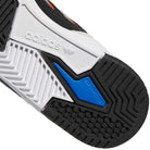 Close-up of the sole on JS8906 Orbit Grey Core Black Solar Red Tekkira Suede Leather Adidas Skateboarding Shoes, featuring a textured black, white, and blue pattern plus Adidas logo—showcasing cupsole comfort ideal for skateboarding.