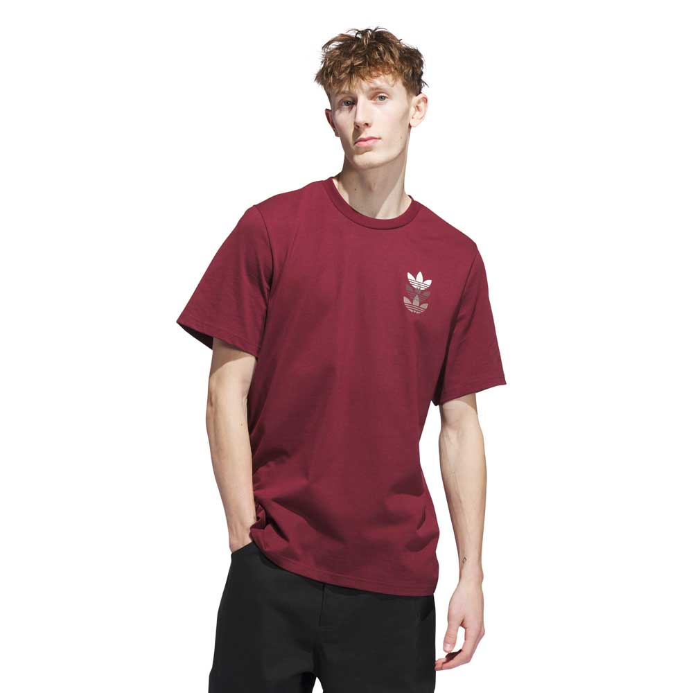 A young man with light skin and short, curly brown hair wears a burgundy JW0056 Skate Tee from Adidas Skateboarding with a small white Adidas logo on the chest and black pants, standing against a white background. This tee is imported for comfort.