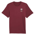 The JW0056 Skate Tee in burgundy by Adidas Skateboarding features short sleeves and two small white trefoil logos stacked on the left chest. Imported.