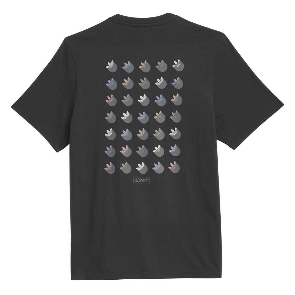 The JW0058 Skate Tee Black Olive Strata by Adidas Skateboarding features a multicolored bird grid graphic on the back and a small rectangular logo patch near the bottom center. Imported product.