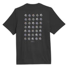 The JW0058 Skate Tee Black Olive Strata by Adidas Skateboarding features a multicolored bird grid graphic on the back and a small rectangular logo patch near the bottom center. Imported product.