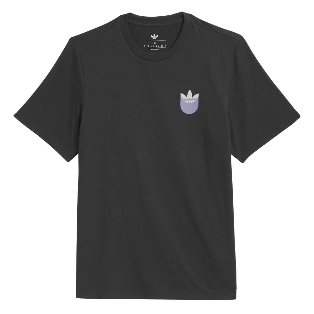 The JW0058 Skate Tee by Adidas Skateboarding is a black, short-sleeve t-shirt in Black Olive Strata with a small purple and white trefoil logo on the left chest. Style code JW0058. Laid flat on a white background.