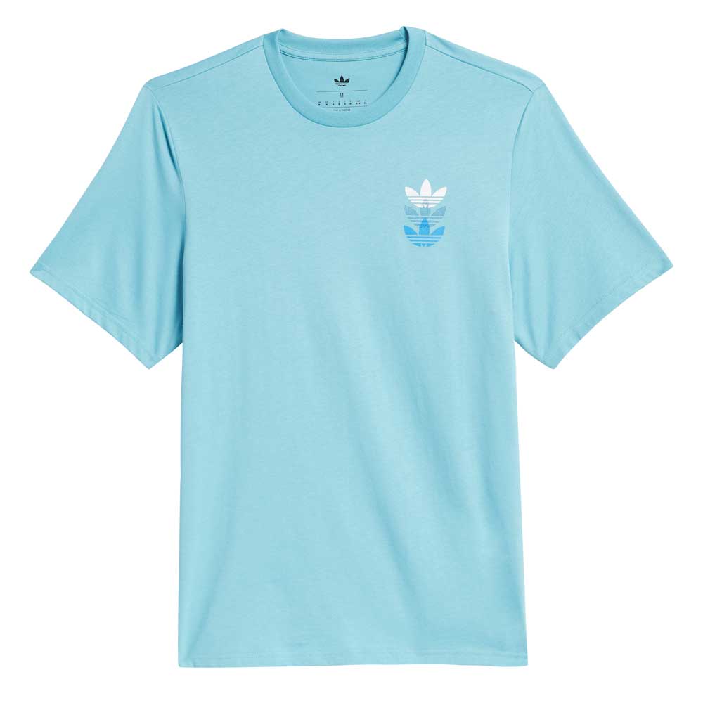 The JY3954 Skate Tee in Preloved Blue/Bright Royal by Adidas Skateboarding features short sleeves, a crew neckline, and three stacked Trefoil logos on the left chest. Style code: JY3954.