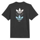 The JY3955 Skate Tee Black from Adidas Skateboarding features three stacked Trefoil logos in white, gray, and light blue on the back, with Adidas Originals text and logo beneath them.