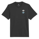 The JY3955 Skate Tee Black from Adidas Skateboarding is a short-sleeve, imported t-shirt with three small trefoil logos in white, grey, and blue stacked on the left chest.