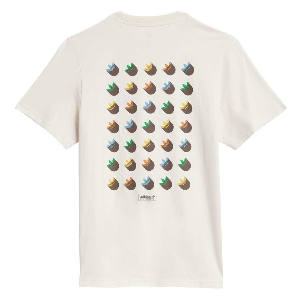 The JY3958 Skate Tee in Wonder White by Adidas Skateboarding features a grid of colorful trefoil logos on the back, arranged in five rows and six columns above a small Originals logo near the hem.