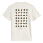The JY3958 Skate Tee in Wonder White by Adidas Skateboarding features a grid of colorful trefoil logos on the back, arranged in five rows and six columns above a small Originals logo near the hem.