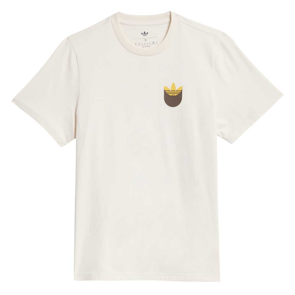 The JY3958 Skate Tee in Wonder White by Adidas Skateboarding features a rustic orange, pocket-like logo on the left chest, a round collar, and a minimalist imported design perfect for casual wear.