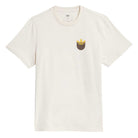 The JY3958 Skate Tee in Wonder White by Adidas Skateboarding features a rustic orange, pocket-like logo on the left chest, a round collar, and a minimalist imported design perfect for casual wear.