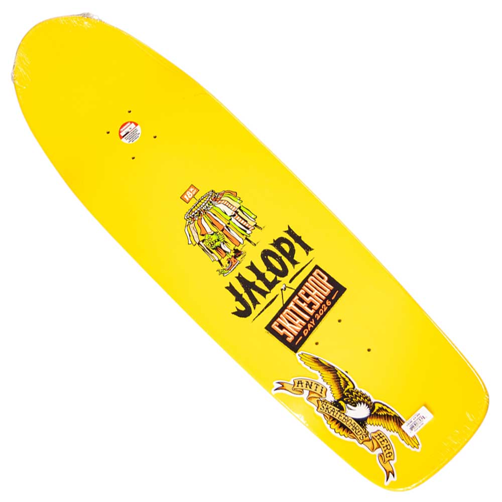The Jalopi Shop Lurkers 9.1 Yellow Dip Deck by Anti Hero features bold graphics and Skateshop branding—perfect for celebrating Skateshop Day and the skateboarding community.
