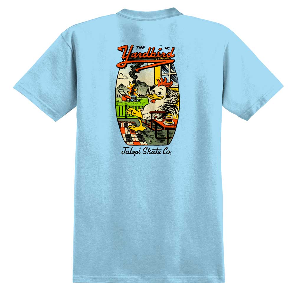 The Jalopi Yardbird Short Sleeve Blue Tee features a cartoon bird grilling and "Jalopi Skate Co." in cursive on the back, channeling the playful spirit of Anti Hero Skateboards.