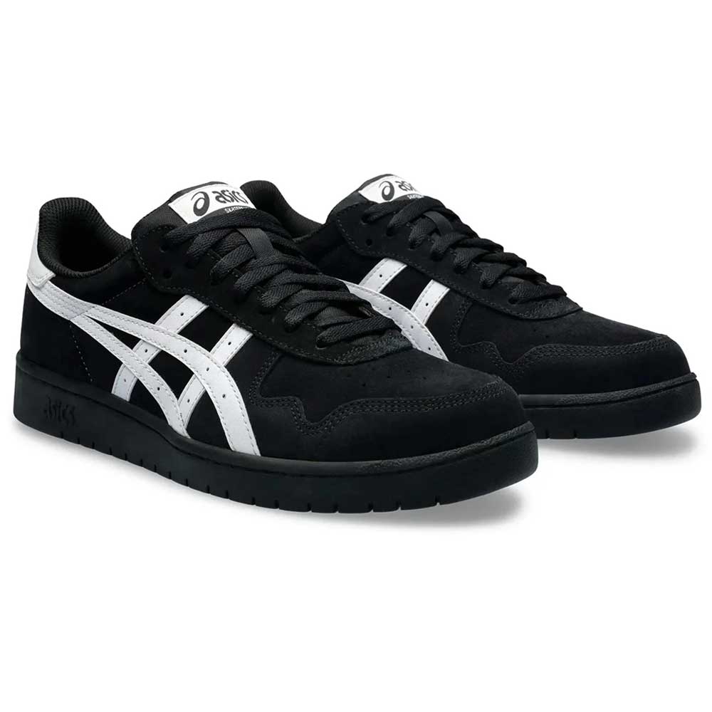 A pair of Japan Pro Asics Black White 1201A92001 suede skateboarding shoes with white side stripes, black soles, and black laces, displayed on a white background.