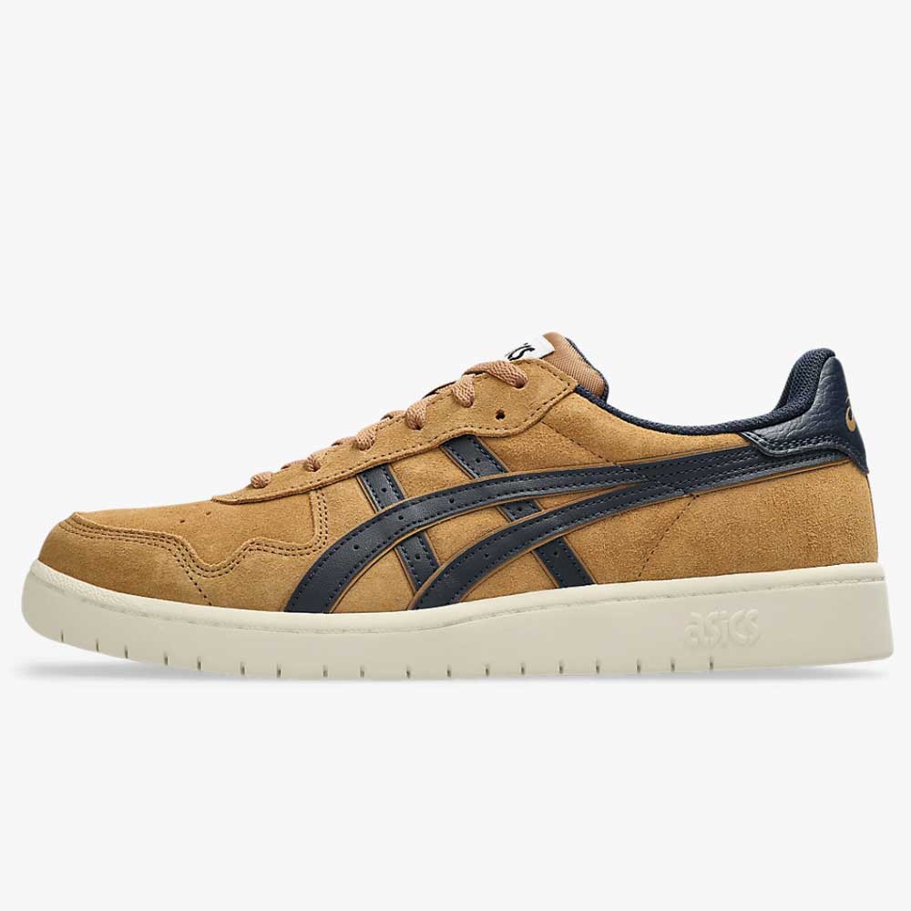 Japan Pro Asics Caramel Midnight 1203B203200 suede skateboarding shoes in tan with dark navy side stripes and a cream-colored sole.