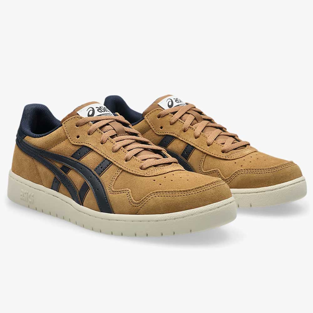 Japan Pro Asics Caramel Midnight 1203B203200 Suede Skateboarding Shoes in tan suede with dark blue side stripes, matching inner lining, and off-white rubber soles.