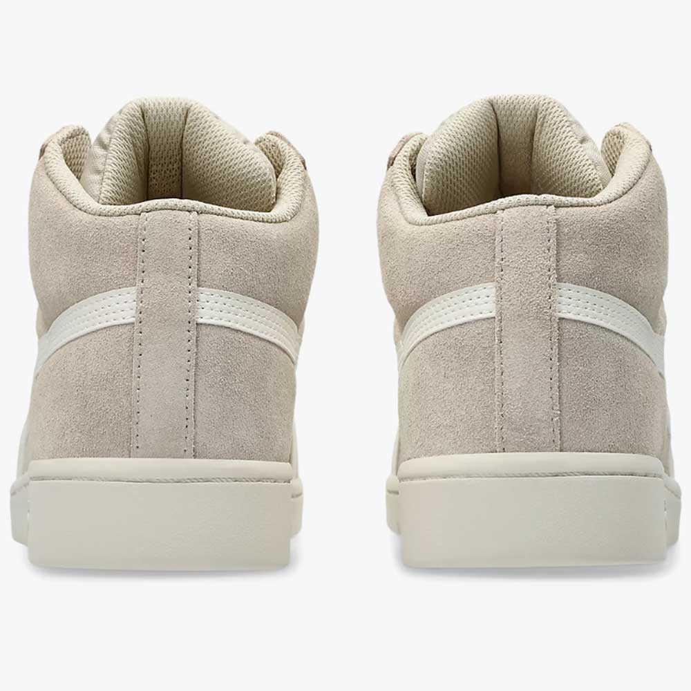 A pair of Japan Pro MT ASICS Feather Grey Cream 1201B033020 suede skateboarding shoes with white stripe detail and padded cuffs, photographed from the back against a plain white background.