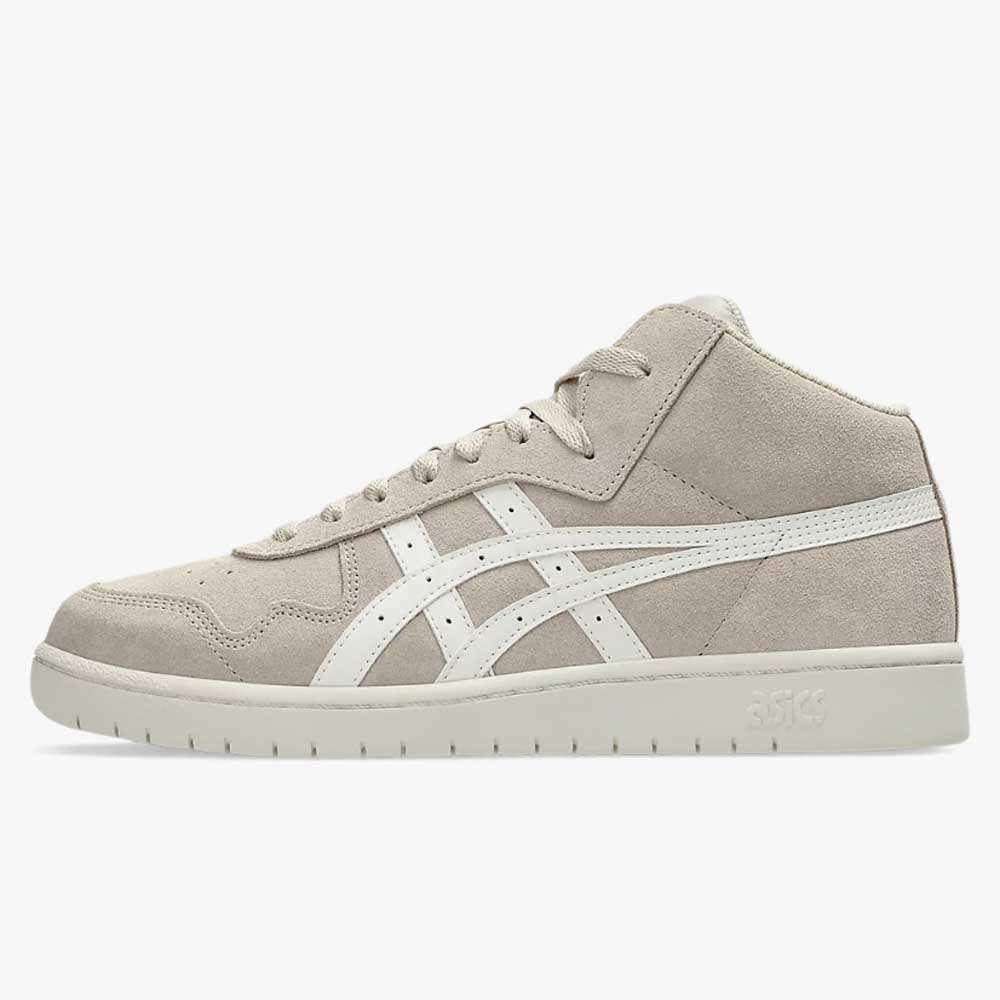The Japan Pro MT Asics Feather Grey Cream 1201B033020 suede skateboarding shoe features mid-top design and white accents, including iconic stripes and sole, shown side-on against a plain white background.