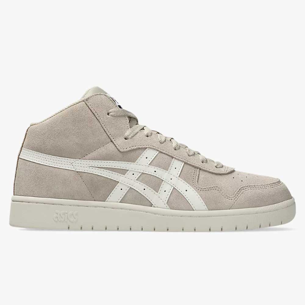 The Japan Pro MT Asics Feather Grey Cream 1201B033020 Suede Skateboarding Shoes feature a high-top design in feather grey with cream stripes and a white sole, shown side view on a plain white background—ideal for skate style.