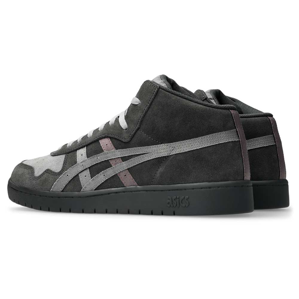 A pair of Japan Pro MT Asics Graphite Gray Cay Red 1203B088 021 suede skateboarding shoes with signature branding, black sole, and light gray stripes on the sides, shown at an angle highlighting both the side and back.