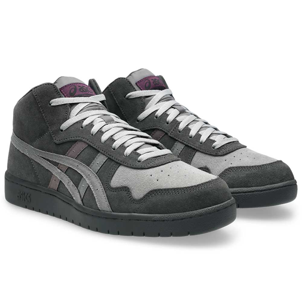 The Japan Pro MT Asics Graphite Gray Cay Red 1203B088 021 Suede Skateboarding Shoes are high-top skate shoes in gray and dark gray with a suede upper, white laces, black soles, purple tongue logos, and signature side stripes.