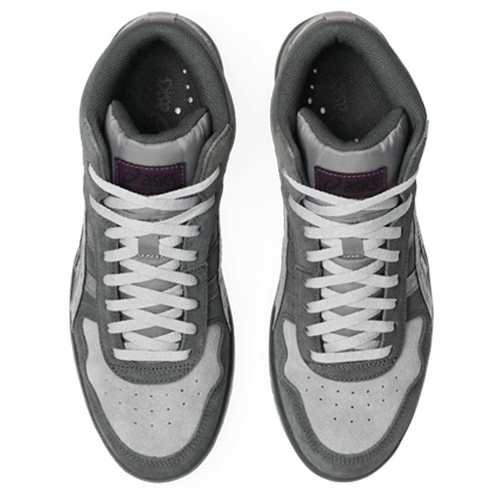 Top view of Japan Pro MT ASICS Graphite Gray Cay Red 1203B088-021 suede skateboarding shoes featuring a gray suede upper, white laces, and dark gray and purple tongue labels.