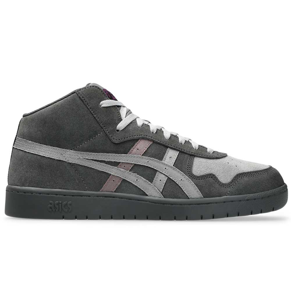 The Japan Pro MT ASICS Graphite Gray Cay Red 1203B088 021 skate shoe features a gray suede upper, white laces, light gray signature side stripes, a dark rubber sole, and offers a minimalist, classic mid-top skate style.