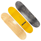 The Jim Greco Hammers 3 Board Deck Set Collectible features unassembled, limited edition skateboard decks in natural wood, yellow HAMMER, and dark gray—displayed side by side, perfect for collectors.