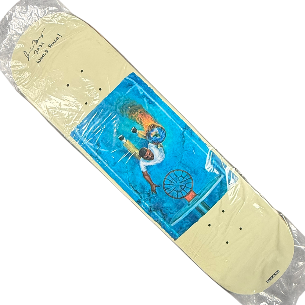 A cream Justin Henry Quasi VHS and Deck 8.18x31.6, featuring a blue graphic of a man doing a handstand on a flaming bike, signed with “Wait a Reel!” in the top left, and still wrapped in plastic.
